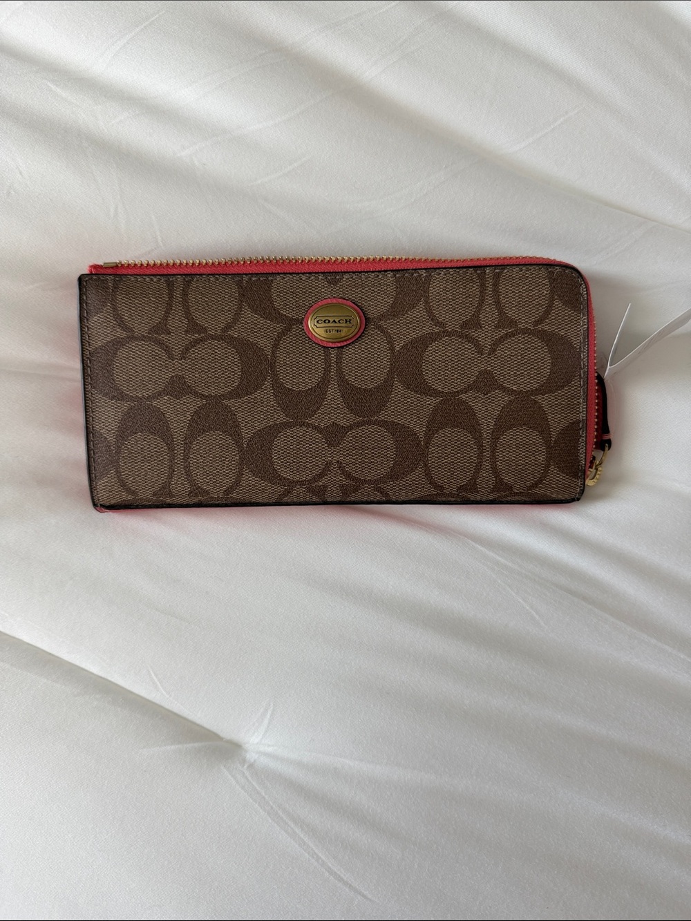 Coach Brown Signature Zip Wallet with Pink Trim